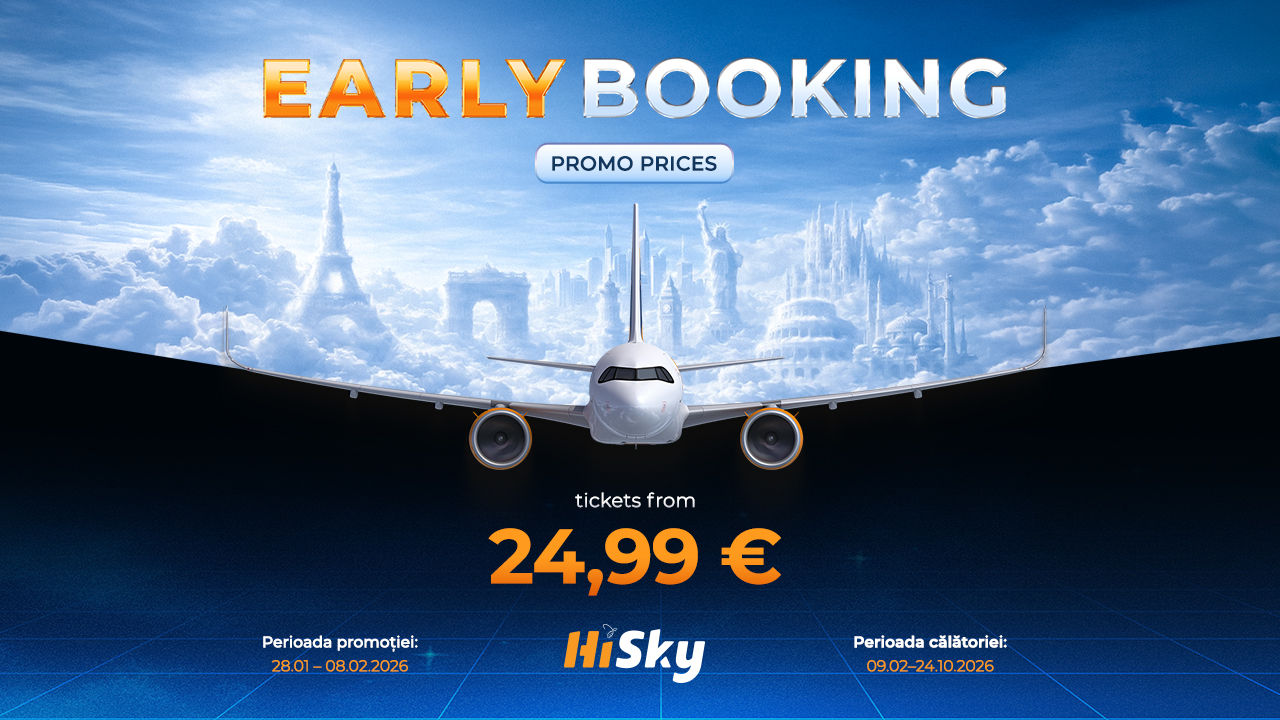 Zboruri de la 24,99 euro/segment din februarie până în octombrie. HiSky lansează campania reducerilor de iarnă la bilete de avion