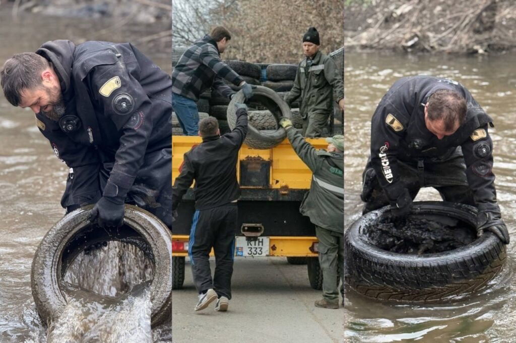 Peste 400 de anvelope uzate au fost scoase din râul Bâc